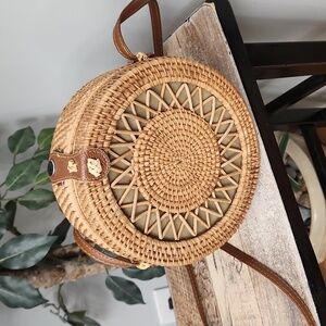 Round Rattan Bag for Women Straw Bag Handwoven Beach Bohemian Shoulder Purse